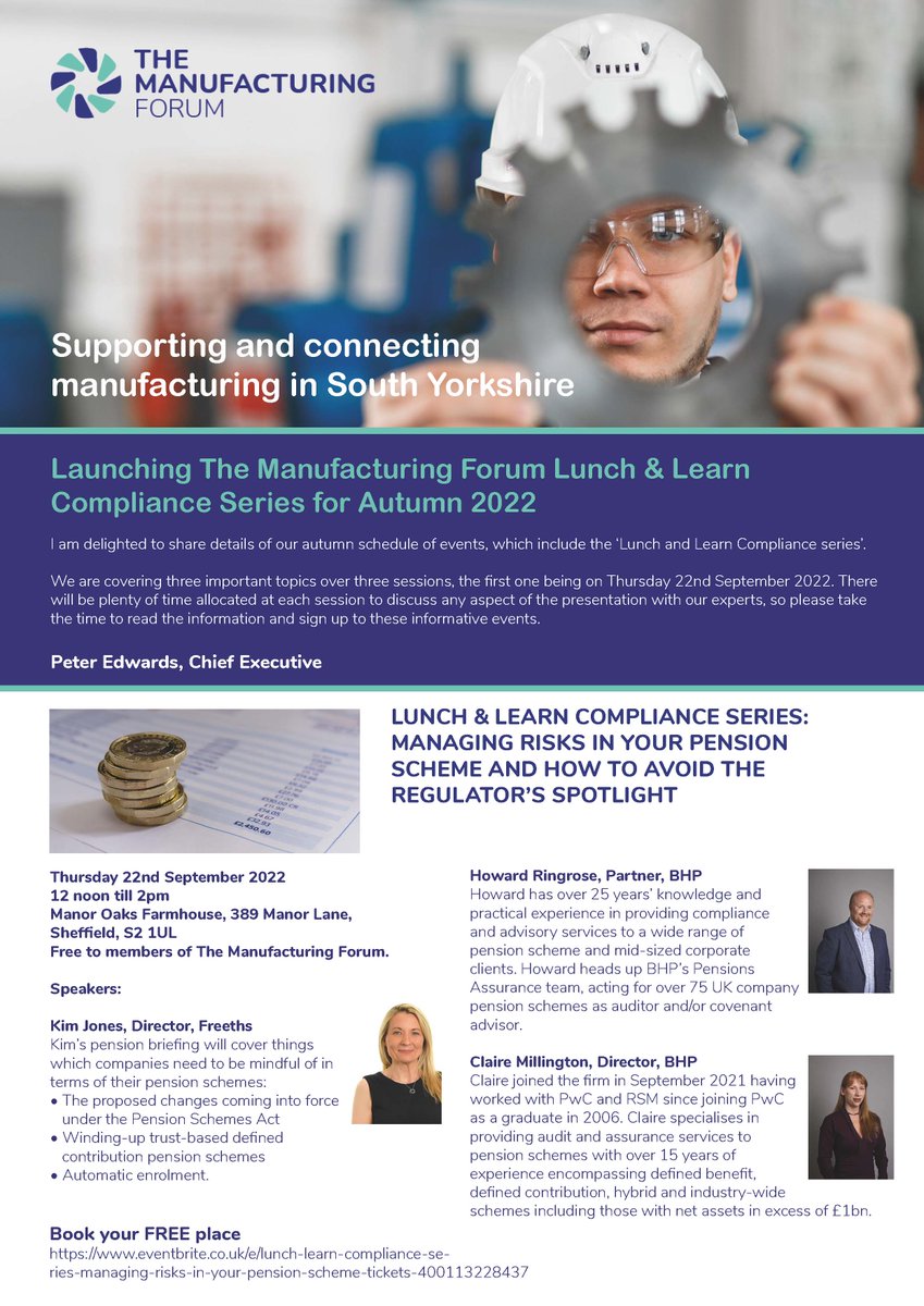 RMFSCR's tweet photo. Launching The Manufacturing Forum Lunch and Learn Compliance Series for Autumn 2022. Covering three important topics over three sessions, the first one being on Thurs 22 Sept 2022. For your free place at the first event book here: https://t.co/Rqvv8VFUYg
@bhpaccountants @freeths https://t.co/iKPgnQAOcu