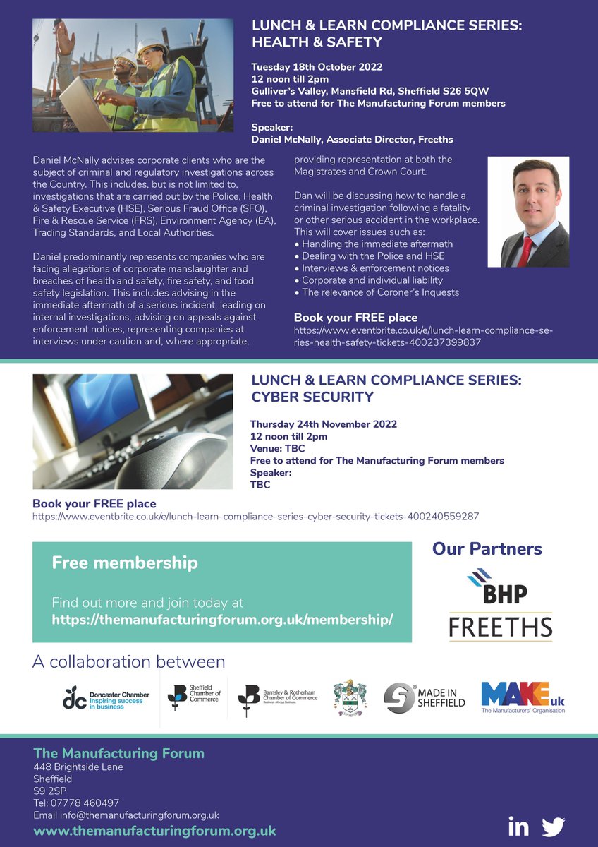RMFSCR's tweet photo. Launching The Manufacturing Forum Lunch and Learn Compliance Series for Autumn 2022. Covering three important topics over three sessions, the first one being on Thurs 22 Sept 2022. For your free place at the first event book here: https://t.co/Rqvv8VFUYg
@bhpaccountants @freeths https://t.co/iKPgnQAOcu