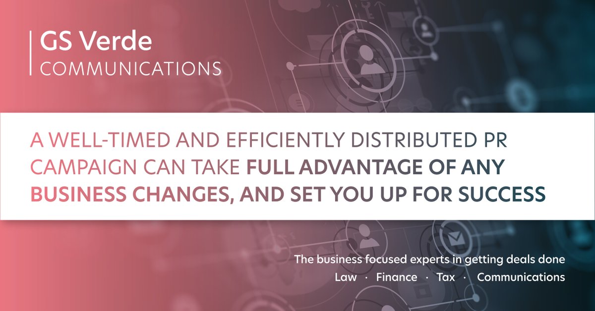 GSVerdeComms's tweet photo. Did you know that a well-timed and efficiently distributed PR campaign can take full advantage of any business changes, and set you up for success?

GS Verde Comms can seamlessly integrate with your M&amp;A process &amp; elevate the change. 

Find out more here: 
https://t.co/BdoV6hCFyO https://t.co/6om4kfVYW4