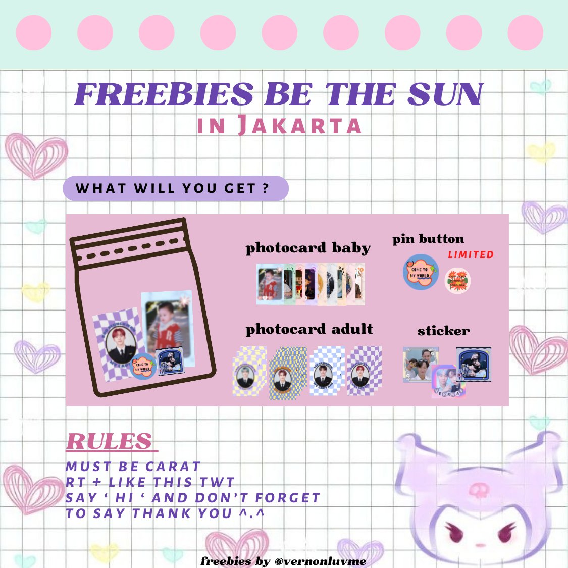 vernonluvme's tweet photo. —rts and 🤍 are appreciated—
freebies by @vernonluvme

🖇˒ ⊹۫ be the sun in Jakarta🎀🌀

🔎ICE BSD
🗓24-25 Sept 2022
📌TBA

#BETHESUNinJKT #세븐틴 #SEVENTEEN https://t.co/KrsMKMjtFZ