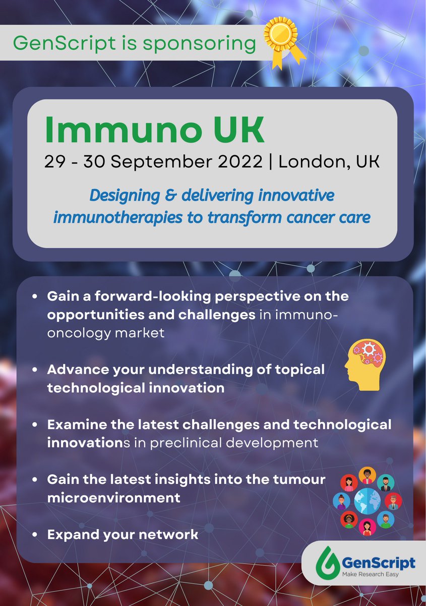 GenscriptE's tweet image. 👏Hello #UK! GenScript is sponsoring #ImmunoUK! on the 29th to 30th Sep, 2022 in London, UK.
To learn more, visit: lnkd.in/defAH4Mu
We are looking forward seeing you!
#oncology #immunology #innovation #biotech #genscript #tumour #inflammation #immunotherapy