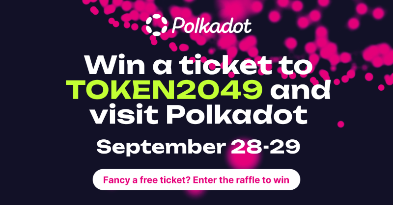 Polkadot's tweet photo. Interested in attending @token2049 in Singapore? Don't miss your chance to meet with the team behind Polkadot and talk to one of our tech experts on how to kickstart your Web3 project.

Don't have a ticket? Enter the Polkadot raffle for a chance to win one of 20 tickets 👇