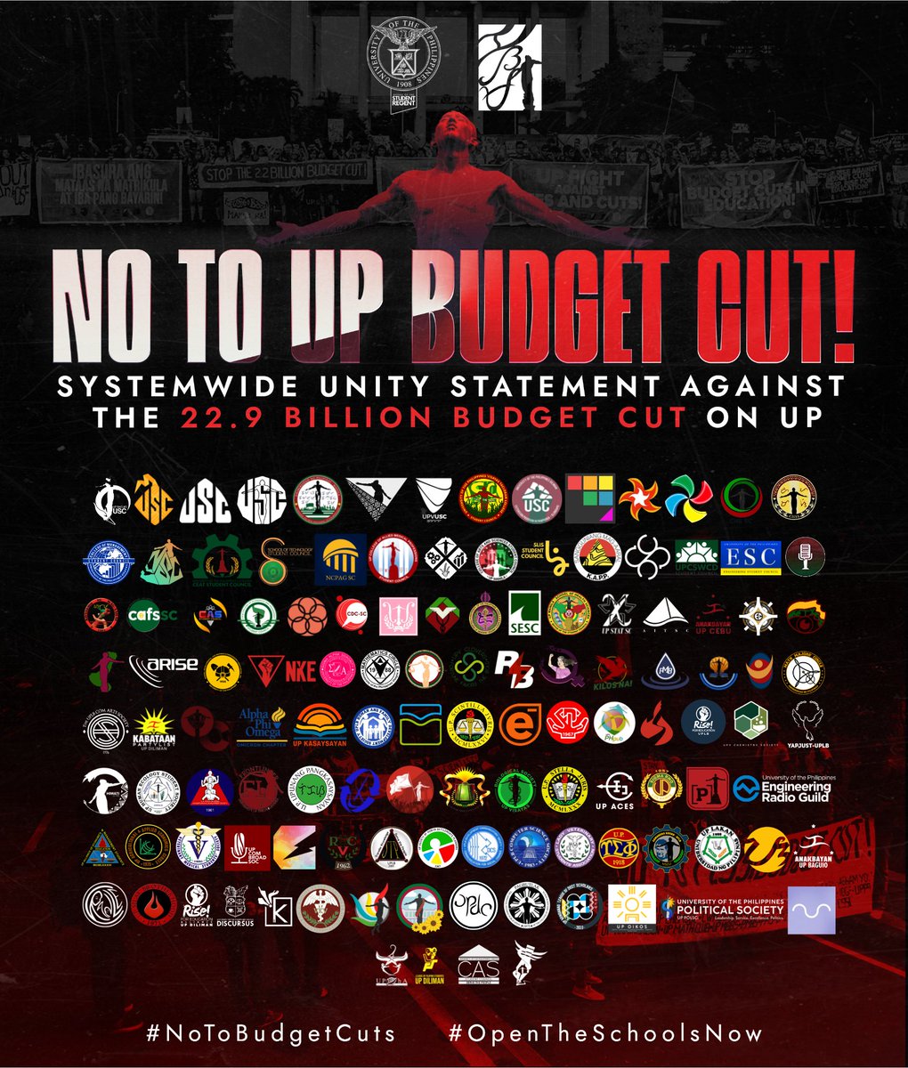 uposr's tweet photo. NO TO UP BUDGET CUT!
Systemwide Unity Statement against the 22.9 Billion Budget Cut on UP

Read: https://t.co/NoNP6yQ7Ca

Photo credit to @tinigngplaridel. 

#NoToBudgetCuts
#OpenTheSchoolsNow https://t.co/nLalsRdUE6