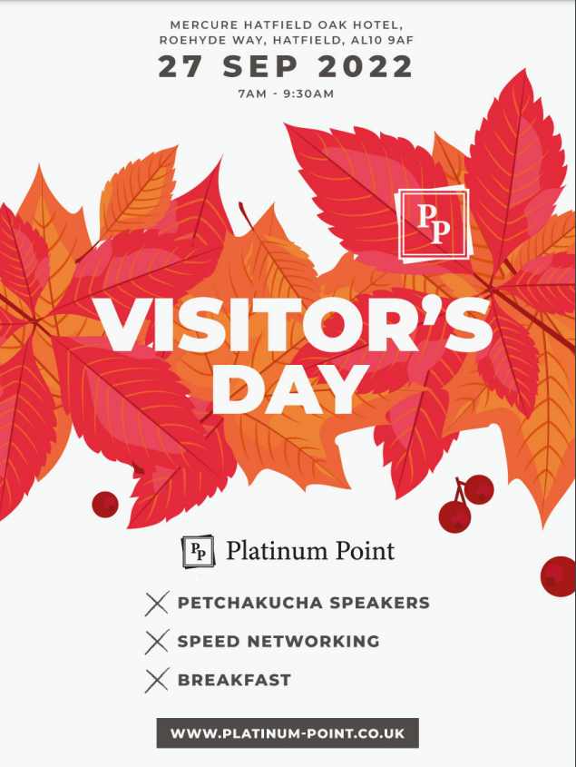 Roll up, roll up! Award-winning weekly networking group <a href="/Platinum_Point/">Platinum Point</a> is having a visitor day and you are invited! Currently 23 members and are looking to get to 30 and have some really great seats available from Animator to Workwear and much more.
Contact june@mymustard.co.uk