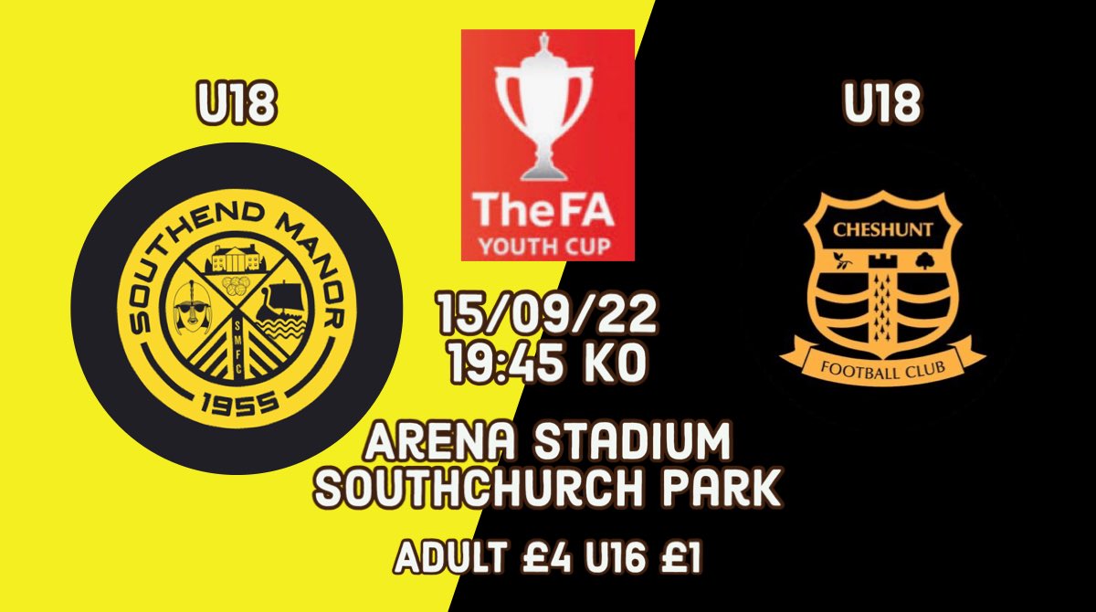 SMFC_Youth's tweet photo. 🟨⬛️FA YOUTH CUP🟨⬛️

Up next for @SouthendManorFC U18 is their next round tie in the FA YOUTH CUP vs @cheshuntfcscore U18

🗓 15/09/22
⏰ 19:45
🆚 Cheshunt U18
🏟 Arena Stadium, Southchurch Park 
🏆 #FAYouthCup
🎟 Adult £4, U16 £1
#️⃣ #OurManor 💛 https://t.co/PQhTioYoGO