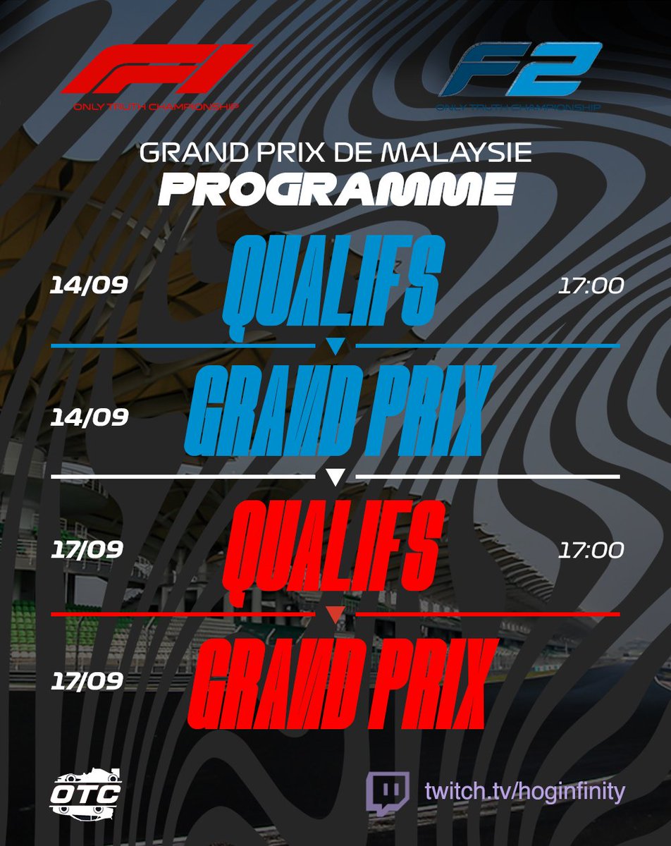 OnlytruthC's tweet photo. Venez nous rejoindre Pour les 3e RDV de F2 et F1, Mercredi et Samedi à 17h, en Malaisie sur la chaîne Twitch de notre streamer !
https://t.co/SLdKwnaIIz
#OTCS10 https://t.co/mSvBdMk0PY