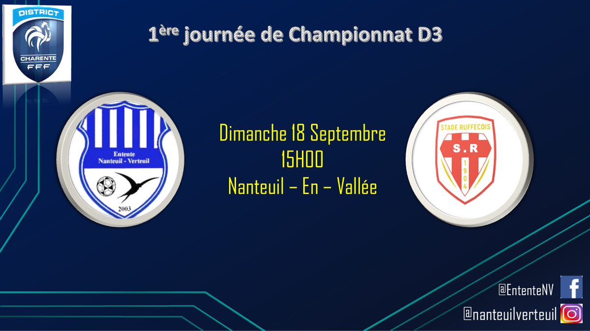 EntenteV's tweet photo. Bonjour à tous,

⚽️ Entente Nanteuil - Ruffec 3 
🏆 1ère journée de Championnat D3
🗓 Dimanche 18 Septembre 2022
🕒 15h00
🏟 Stade Fernand Bodet 
📍16700 Nanteuil-En-Vallée

L’Entente Nanteuil - Verteuil 🔵⚪️ https://t.co/Vhw7QRRpRG