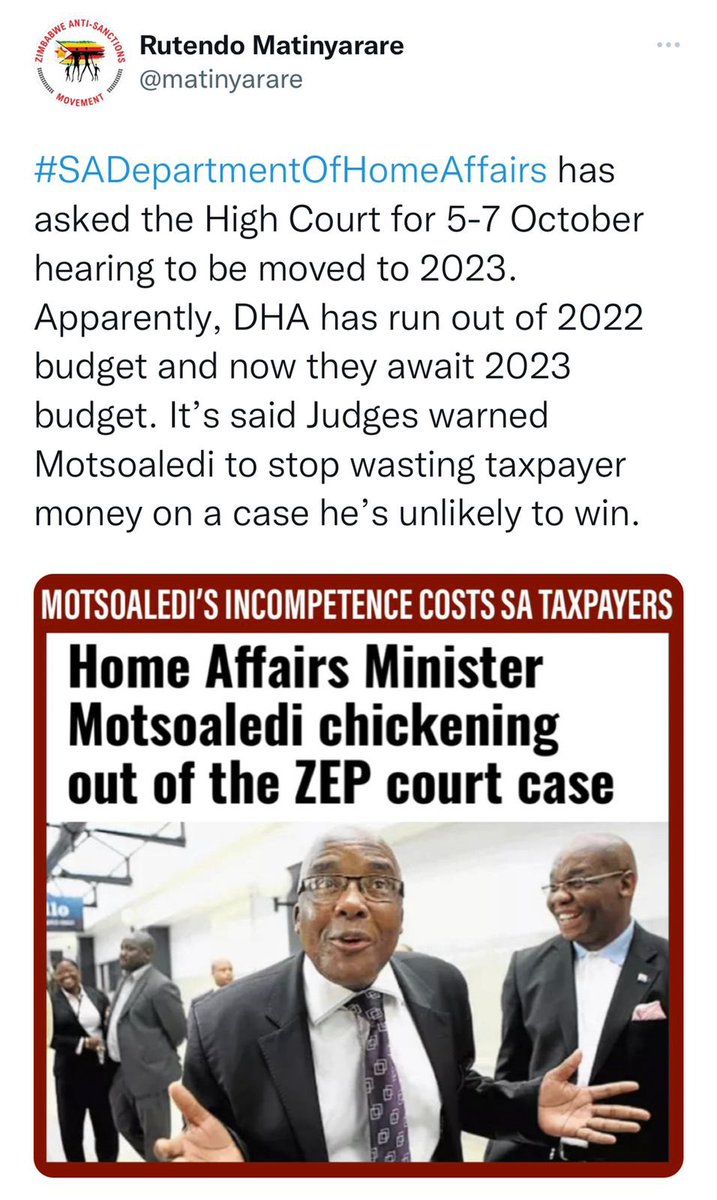 simbachitando's tweet photo. Dr Motsoaledi has run out of money, which explains why he asked me for R200 000. I refused to give him my money.This after he received hundred of millions of rands from ZEP holders, which both he &amp; VFS refuse to account for. Now he wants Court day moved. Shocking @SADHomeAffairs https://t.co/tOQqBIH56F
