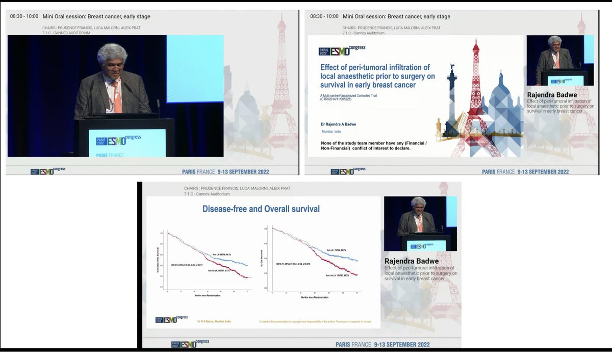 Dr Badwe presented a landmark study @myESMO few minutes ago! Significant, meaningful increase in cure/survival in women with single inexpensive local anesthesia injection around tumor, prior to breast cancer surgery! @TataMemorial @PMOIndia @cspramesh @pankajch37 @SirohiBhawna