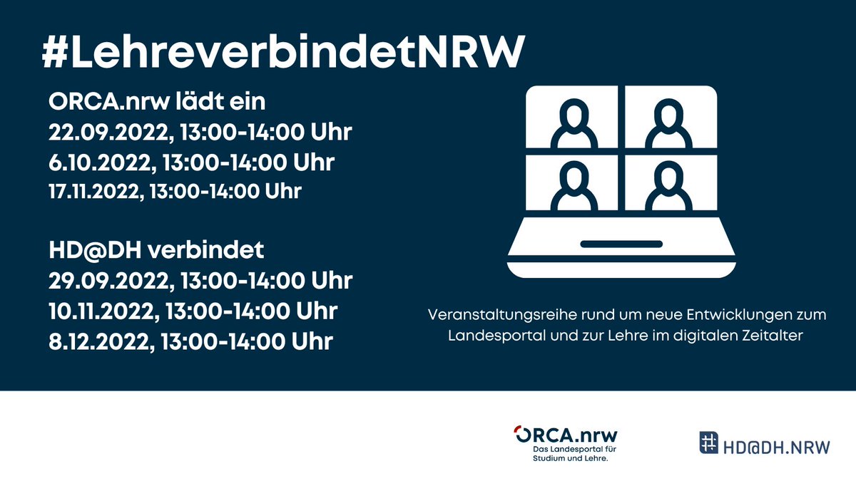#LehreverbindetNRW geht weiter! Wir setzen unsere gemeinsame Reihe mit @HDatDHnrw ab dem 22.9. fort. Themen: u.a. das Kompetenzzentrum Digitale Barrierefreiheit. NRW und die Rechtsinformationsstelle. Alle Infos zu Themen und Gästen sowie die Anmeldung: orca.nrw/blog/lehre-ver…