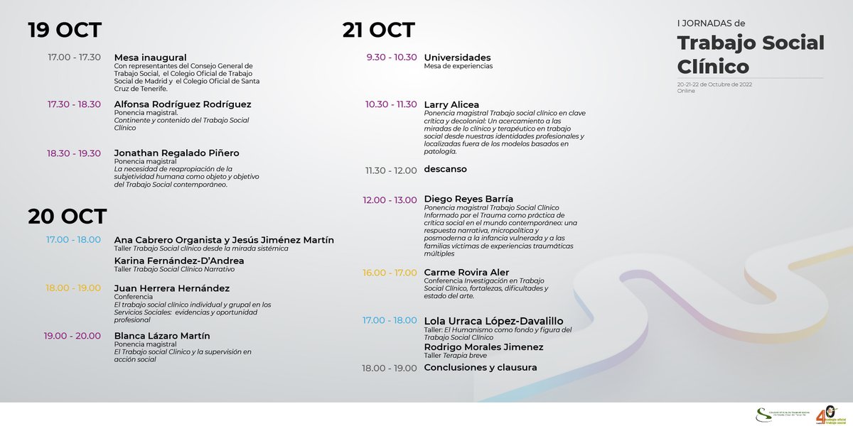 ColegioTSMadrid's tweet photo. Los próximos días 19, 20 y 21 de octubre celebramos las I Jornadas de Trabajo Social Clínico

👉 Recuerda que si estás colegiado/a en cualquier Colegio de Trabajo Social del Estado puedes aprovechar el precio anticipado hasta este jueves 15

🖱️online

ℹ️ https://t.co/gz0hTtxwuR https://t.co/hOfRHXfWkC