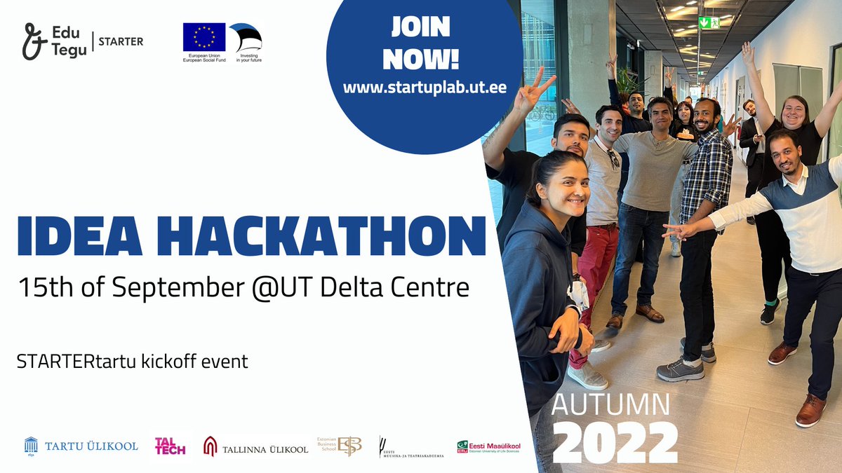 UT_sTARTUpLab's tweet image. Come to the Idea Hackathon on the 15th of September! 🚀
There you can pitch your ideas, hear other students’ ideas, find teammates, join a team, hear inspiring speeches from our alumni! This is the place to unleash your creativity and find inspiration. 🤩
fb.me/e/elePp0nA2