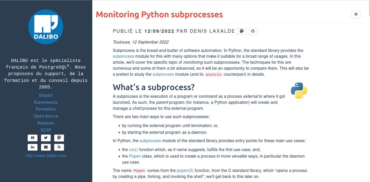 Commençons la semaine avec la gestion des sous-processus en #Python, grâce notre #développeur Denis ! Il évoque notamment les modules 'subprocess' et 'asyncio.subprocess' =&gt; dali.bo/202209_python_…
#automatisation