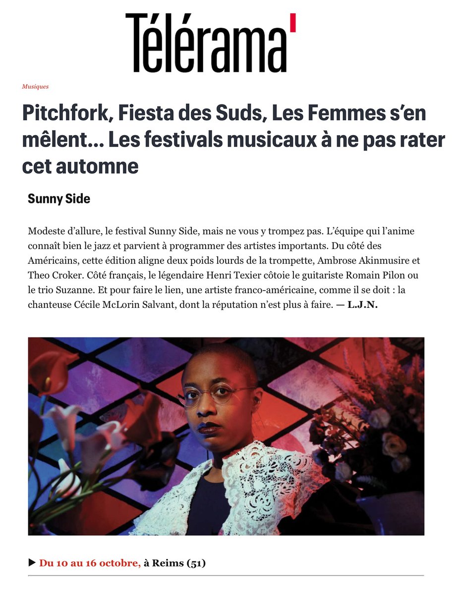 Le Sunnyside Festival fait partie des "festivals musicaux à ne pas rater cet automne pour <a href="/Telerama/">Télérama</a> !
Et nous en sommes très heureux 😃😉🥰 #reims #jazz #sunnyside #festival #jazz #reims2028