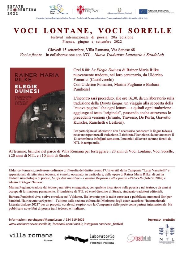 S_TRAD_E's tweet photo. Segnaliamo due eventi sulla #traduzione nell'ambito del #festival Voci lontane voci sorelle, in collaborazione con #StradeLab e NTL Il Nuovo Traduttore Letterario, con al centro la nuova edizione delle Elegie Duinesi di R.M. Rilke. Per informazioni: https://t.co/OfZr1IcQck https://t.co/CPND5A1laQ