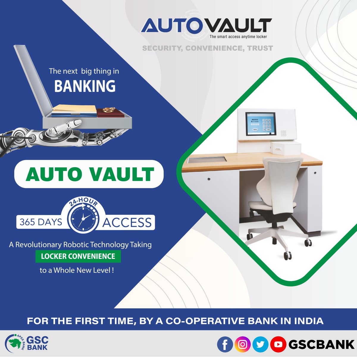 GSCBank's tweet photo. Convenience means accessibility whenever you need it. The automated robotic Auto Vault is open to access all year round for 24 hours. Access it whenever you wish to. 
#bank #Autovault #GSCbank #Security #Safety #Valuables
For more info visit: https://t.co/8HHIwuVl1l https://t.co/SmUXWtECAJ