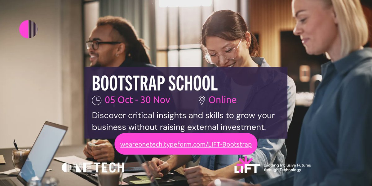 Take your business to the next level 🚀 Without taking on debt 🙅 Bootstrap School will teach you how to optimise your resources, harness the power of lean business and develop a revenue-based business model. 📅: 5 Oct - 30 Nov 📝: buff.ly/3RNNt0U ⏰: Apply by 25 Sep