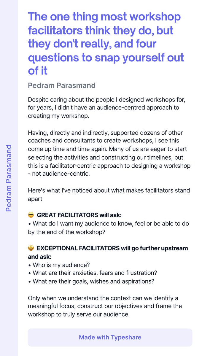 PedagogicalPed's tweet photo. The one thing most workshop facilitators think they do, but they don't really, and four questions to snap yourself out of it
#workshopmastery #workshops #workshopdesign #workshopfacilitation #facilitation #learningdesign https://t.co/06l5nVA3ro