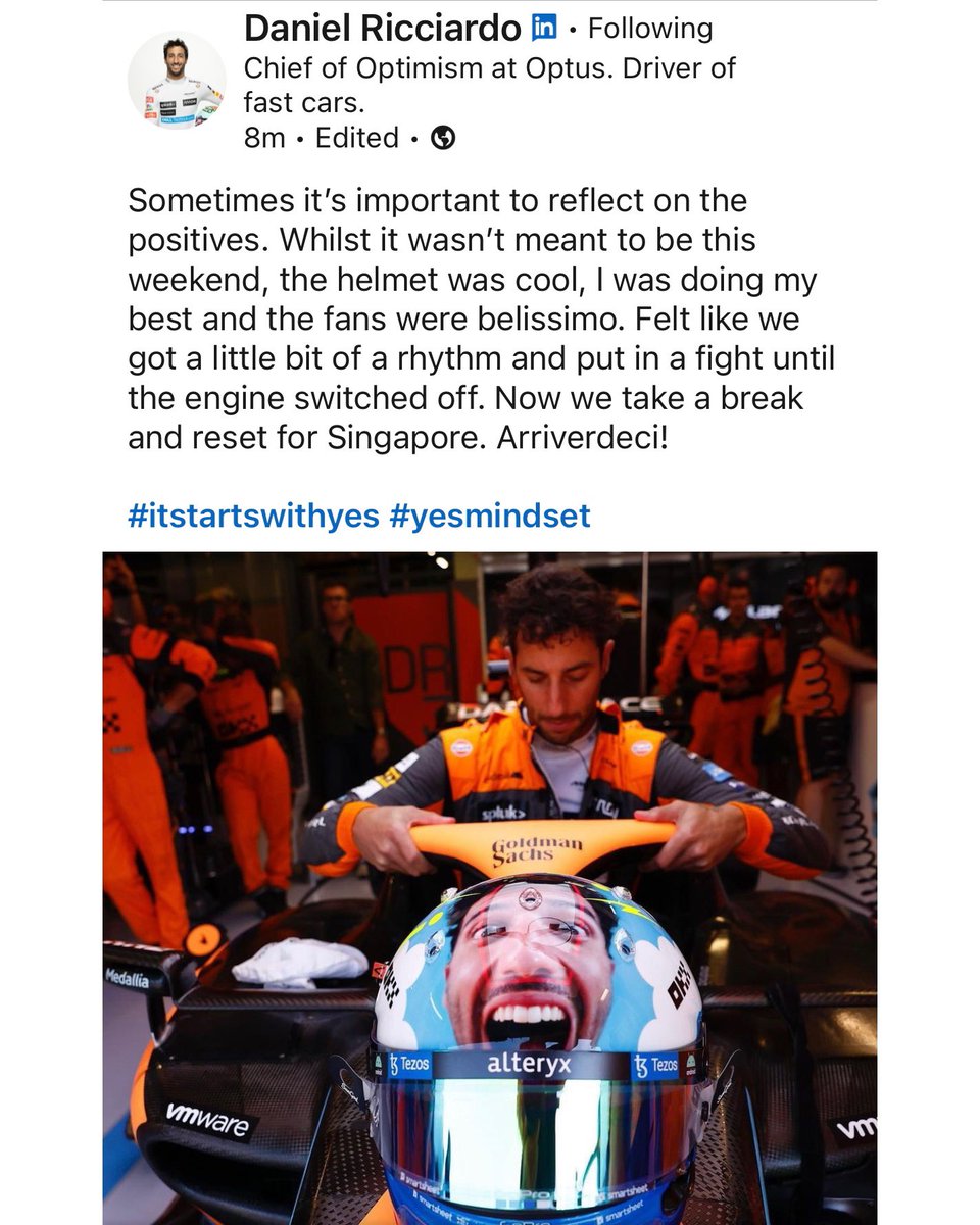circus_racing's tweet photo. Danielโs post on #LinkedIn #DanielRicciardo #ItalianGP #Yesmindset https://t.co/JuyAil5Tsr