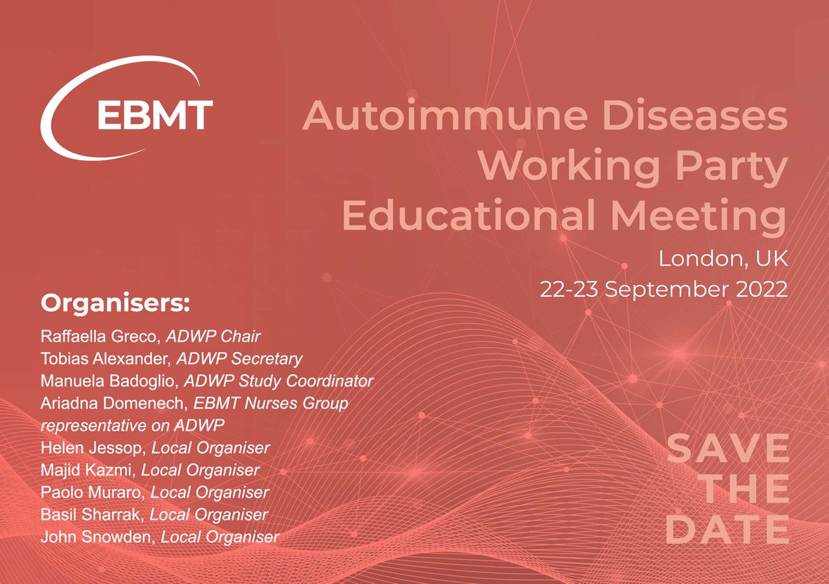 Last days to register for the @TheEBMT ADWP Meeting 2022: ebmt.org/events/autoimm…. It will cover all aspects of HSCT, cellular therapies, CAR-T cells, in autoimmune diseases, current and future indications, immunological mechanisms, novel targets.@TheEBMT_Trainee @TheEBMT_Nurses