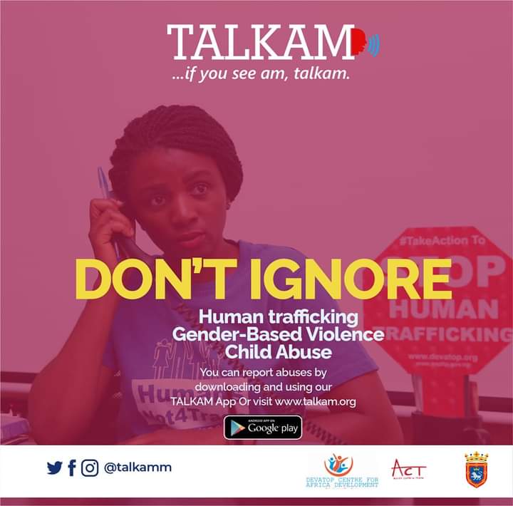 talkamm's tweet photo. DON'T IGNORE
Human Trafficking, Gender-based Violence and Child Abuse.
Report human trafficking on TALKAM App (https://t.co/T4eVrU1yk4)
#Talkam is supported by @pamplona_ayto and @ACTrata
#Stophumantraffic #OrangeTheWorld #helpvictims #Childcare #Asuu #Rapture #Nigeria https://t.co/Rls9niYnbc