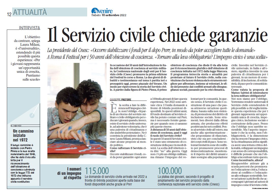 Su <a href="/Avvenire_Nei/">𝐀𝐯𝐯𝐞𝐧𝐢𝐫𝐞</a> di sabato #10settembre l'intervista alla Presidente <a href="/cnesc_scu/">CNESC</a> Laura Milani sul #serviziocivile. <a href="/apg23_org/">Comunità Papa Giov23</a> <a href="/pcm_giovani_scu/">Dipartimento Politiche Giovanili e Servizio Civile</a> <a href="/Felisia_Farnese/">Felisia Farnese</a> @ASCNazionale <a href="/CorriereBN/">CorriereBuoneNotizie</a> <a href="/FraBonomo/">Francesca Bonomo</a>
