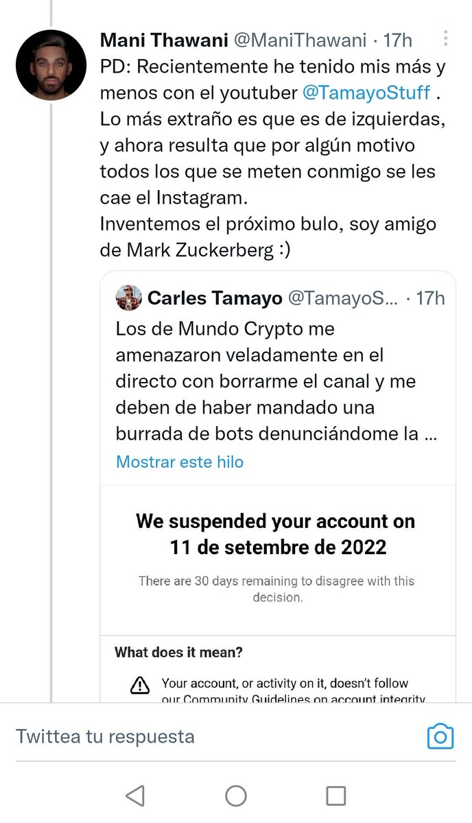 desdelmasalla's tweet photo. Vaya, el vendedor de humo @ManiThawani presume de que sus minions tumban cuentas si se le critica, como ha hecho con la de @tamayostuff Clásico de los vende humos. Y, por supuesto, de extremo centro #TamayoIG https://t.co/JSRjWWkBn2