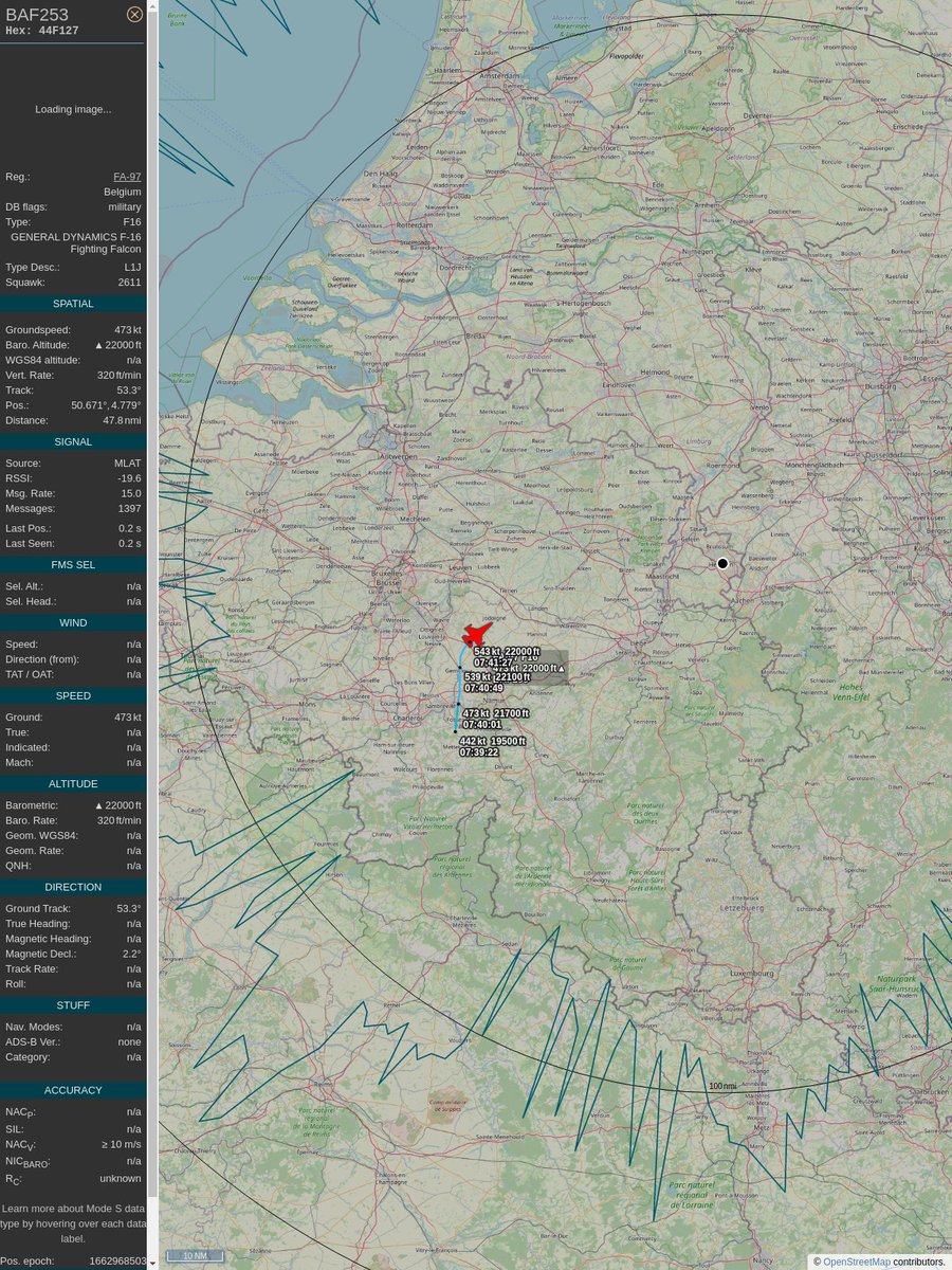 AboveHeerlen's tweet image. #PlaneAlert ICAO: #44F127 Tail: #FA97 
Owner: #BelgianAirComponent
Aircraft: #F-16AM Fighting Falcon
2022/09/12 09:39:29
#F16 #Mil #JetFighter #Chappy #Luchtcomponent #OtherAirForces mil.be/nl/over-defens… 
globe.adsbexchange.com/?icao=44F127&amp;amp;s…