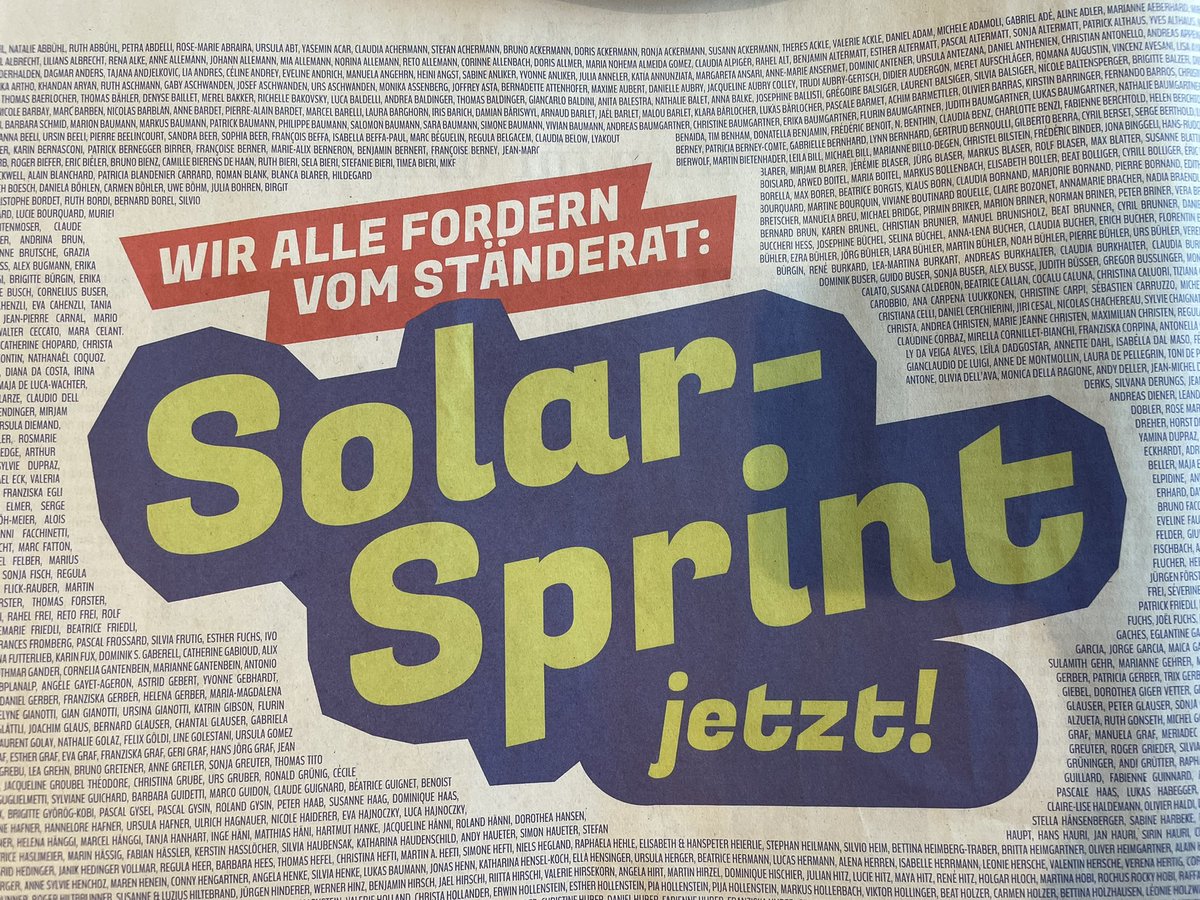 rehsche's tweet photo. Appell ist unüberhörbar: Fast 20‘000 Unterzeichner*innen fordern am Montag unter anderem in der #NZZ einen #Solarsprint! Viele neue #Photovoltaik-Anlagen sind Ausweg aus aktuellen Problemen der #Energie-Sicherheit #Versorgungssicherheit. #Strom schon heute zu speichern #es2050 https://t.co/g63mK7IU0w