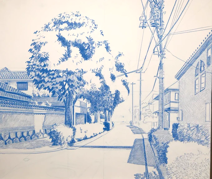 F10号。シアン版1回目、開始。#色鉛筆画 #風景画 #4色描画 #林亮太 