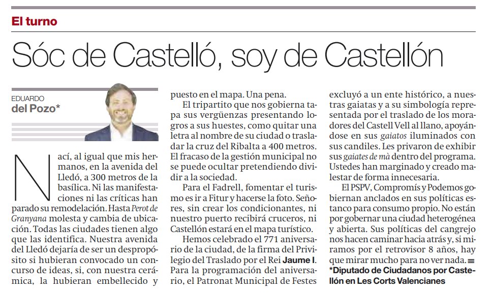 ✍️ Nuestro diputado <a href="/DelQuerol/">Eduardo del Pozo Querol</a>, sobre cómo gobierna el tripartito en #Castellón:

"El fracaso de la gestión municipal no se puede ocultar pretendiendo dividir a la sociedad. Sus políticas del cangrejo nos hacen caminar hacia atrás"

🗞️ En <a href="/epmediterraneo/">El Periódico Mediterráneo</a> elperiodicomediterraneo.com/opinion/2022/0…