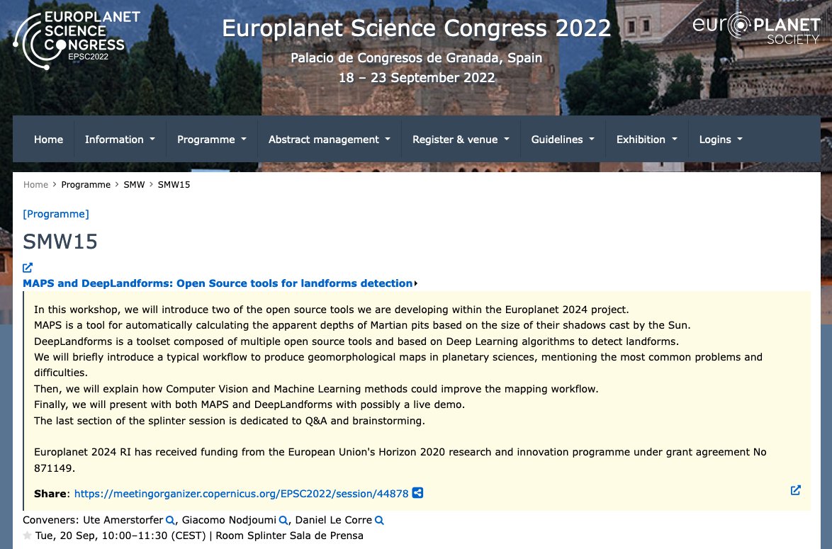 ml_epn's tweet photo. Interested in #MachineLearning for planetary sciences? Check out our #EPSC2022 ML workshop about two open source tools for landforms detection! https://t.co/9yxEQkIqKO https://t.co/pGNWFabfEz
