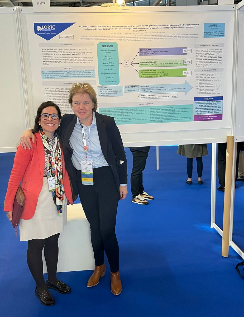 SarcomasHCSC's tweet photo. La dra @gloriamarquinaMD , miembro de @SarcomasHCSC , en #ESMO2022 frente al póster que presenta TOLERANCE, estudio de @EORTC en pacientes ancianos y frágiles con sarcomas que en breve se iniciará en #somosclinico #sarcoma https://t.co/O13PYVRtHE