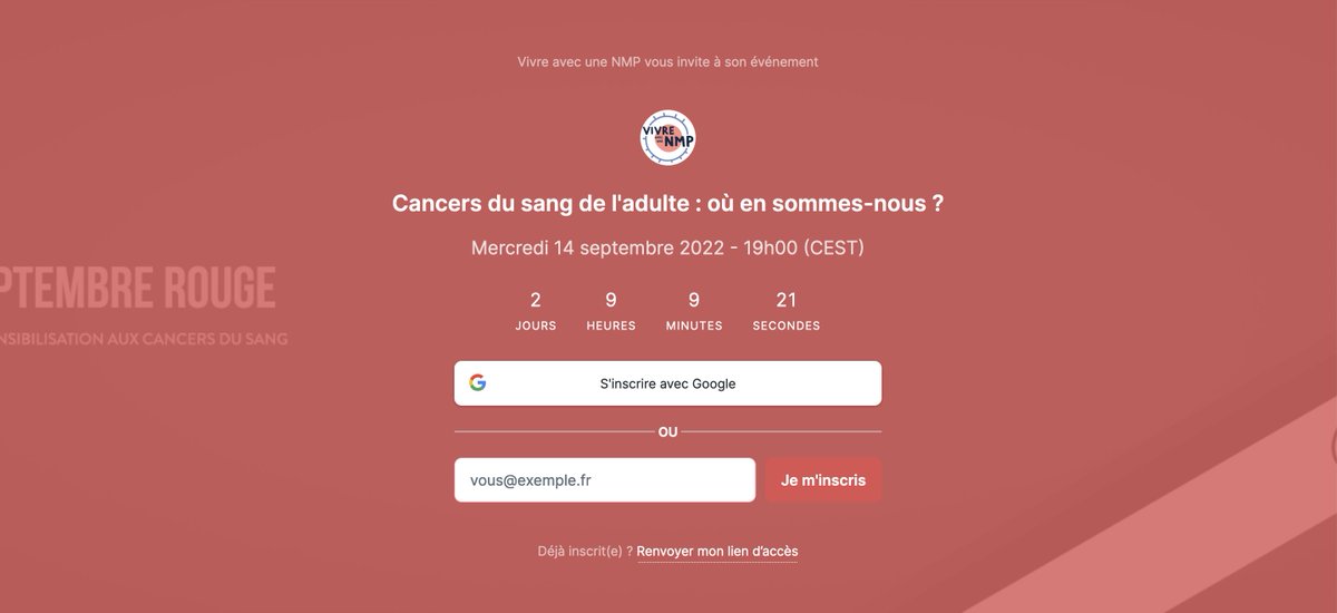 VivreAvecUneNmp's tweet photo. 📅 Rendez-vous ce mercredi 14 septembre à 19h pour la seconde web-conférence gratuite organisée pour  #SeptembreRouge !

🩸Le thème : "Cancers du sang de l'adulte : où en sommes-nous ?"

📑 Inscriptions ⬇️
https://t.co/Zj8YGIygYZ

#mpnsms #cancer
#CancerAwareness
#bloodcancer https://t.co/YLl41eteSv