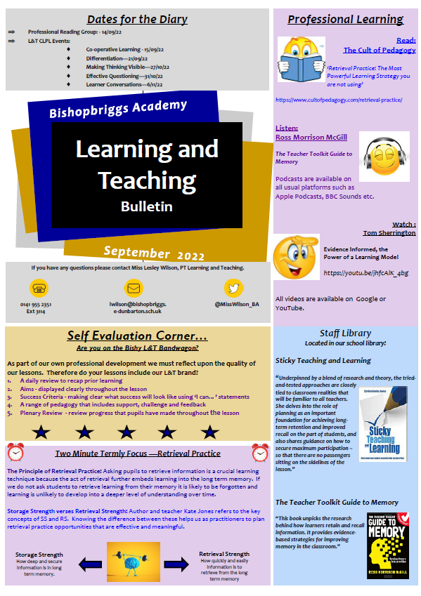 BishopbriggsAC's tweet photo. The latest edition of our Learning and Teaching Bulletin is now available on our school website at  https://t.co/E2bwWL4APR. Please contact Miss Wilson, PT Learning and Teaching if you require further information. https://t.co/9MooPAx3U1