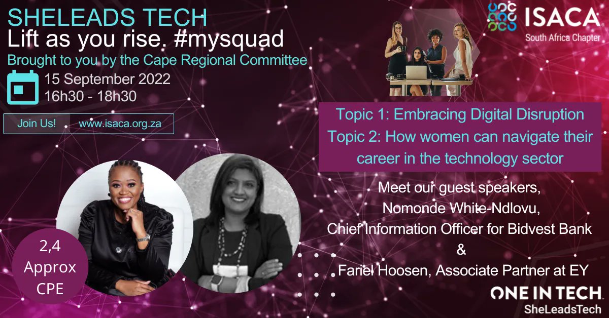 Isacaza's tweet photo. The SheLeadsTech event "Lift as you Rise" brought to you by the Cape Regional Committee takes place THIS WEEK on Thursday 15 September 2022 at 16h30.
Don't miss out! Register TODAY at https://t.co/SJOv9lngnr
#isacaza #digitaltrust #networking #OneinTech #SheLeadsTech https://t.co/czkaBS7gHU