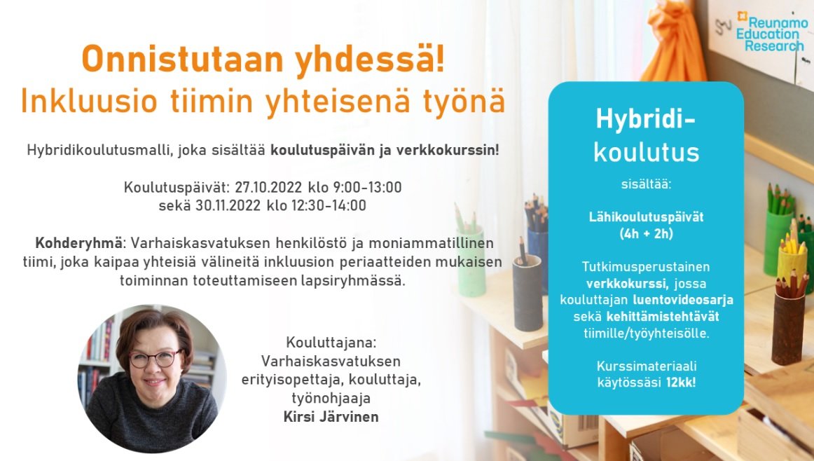 ReunamoEdu's tweet photo. Inkluusio ja lapsen tuki ovat vahvoja teemoja päivitetyssä Varhaiskasvatussuunnitelman perusteissa (2022). Nyt on aika ottaa uusi Vasu haltuun!

Lisätietoja ja ilmoittautumiset: jaakko.forsell@reunamoedu.fi https://t.co/jM87wnnBCl