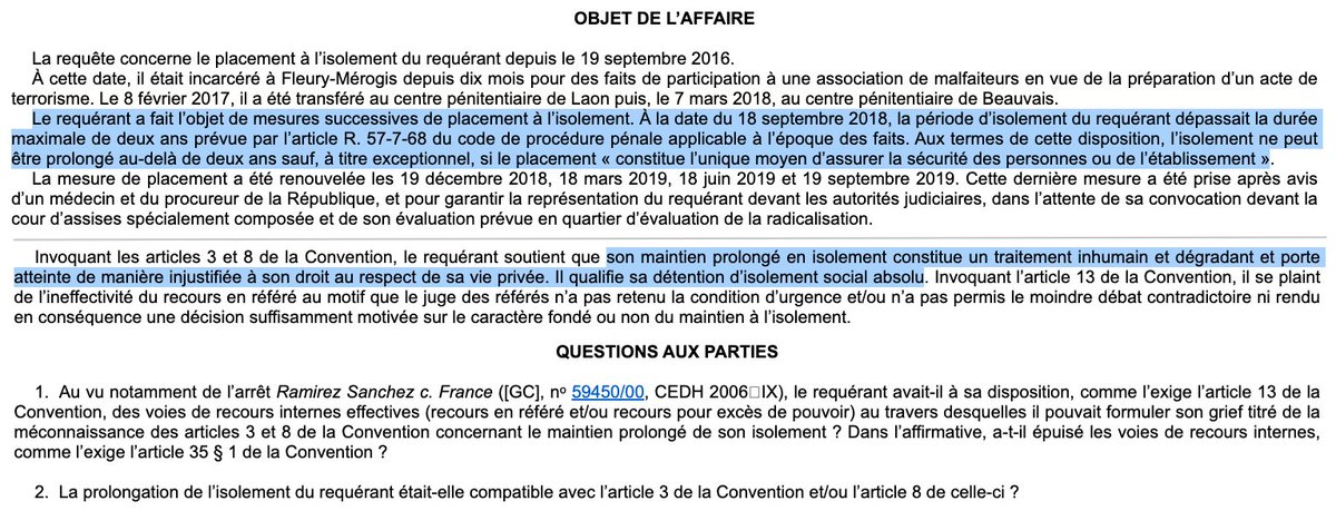 Droits des détenus : La #France est mise en cause devant la #CEDH en raison du maintien prolongé d'un détenu à l'isolement. Depuis septembre 2016, l'intéressé se plaint de subir un 'isolement social absolu' qui excède la durée maximale de deux ans. => bit.ly/3U2vgyz