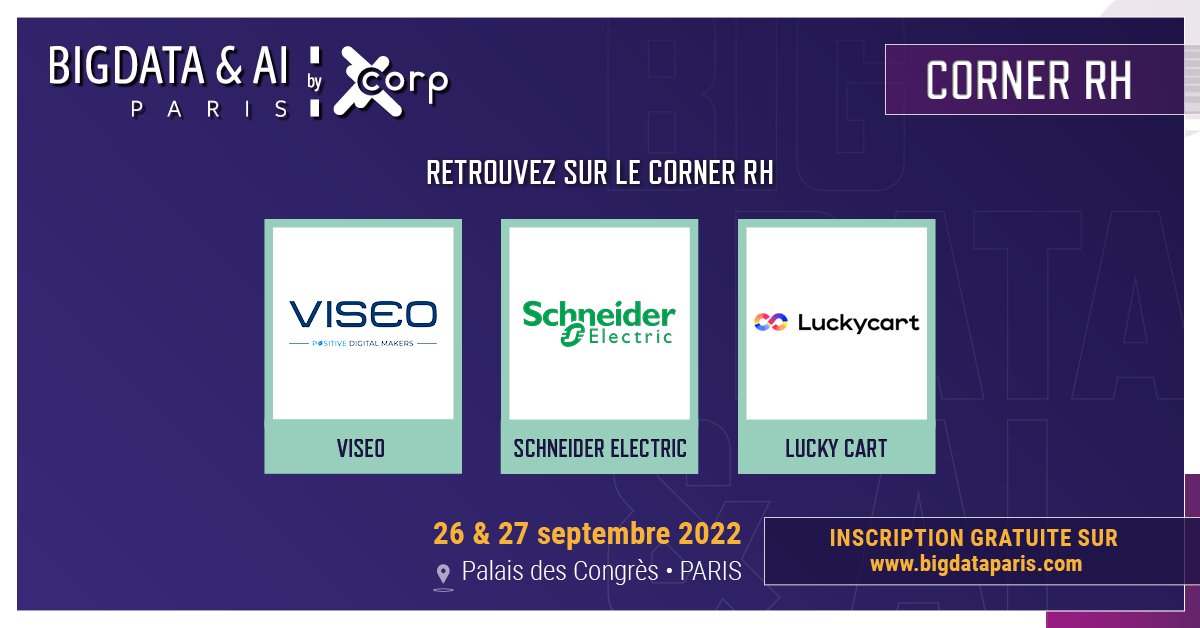 bigdataparis's tweet photo. Le Corner RH :  Les entreprises qui embauchent dans la #data et l’#IA seront là ! ✔️
Le Corner RH est la zone qui concentre les acteurs ayant des enjeux de recrutement. Cette année on retrouve: @VISEOGroup, @SchneiderElec et @LuckyCart
👉🏼 Rendez-vous sur : https://t.co/7Pce7xXwVE https://t.co/ZTWO6Al8A4