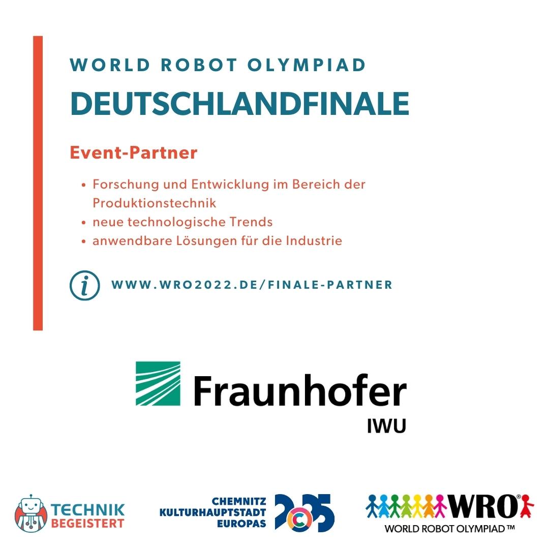In wenigen Tagen findet unser #Deutschlandfinale in #Chemnitz statt. Das Event wird von unterschiedlichen Partnern wie beispielsweise dem Fraunhofer IWU unterstützt.  wro2022.de/finale-partner 

#myrobotmyfriend #wro2022de #wro2022 #robotik #mint #technik #bildung