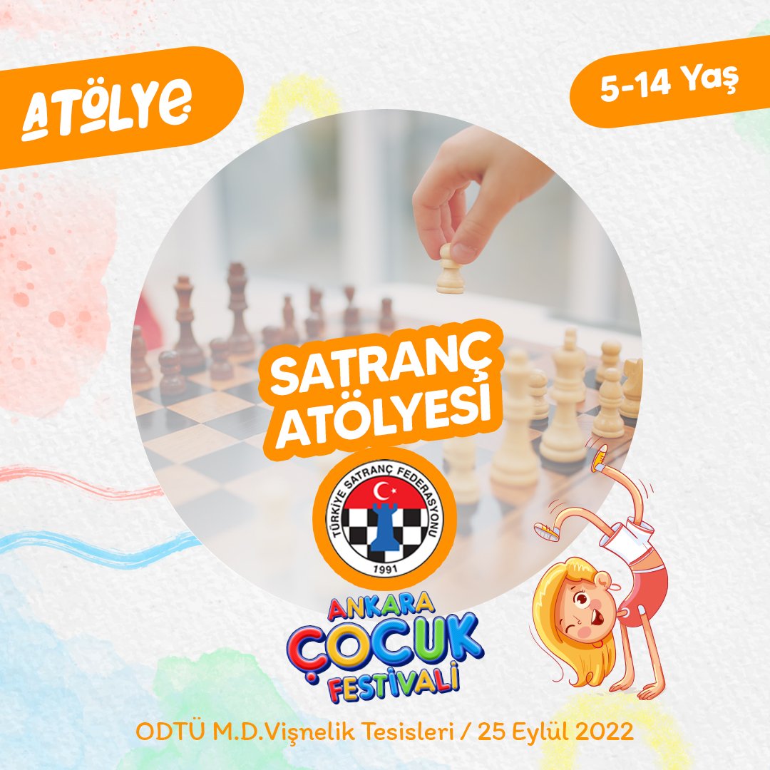 Çocukların, kontrollü zaman kullanımını öğrenebilecekleri ve organizasyon becerilerini geliştirecekleri satranç atölyesi Ankara Çocuk Festivali'nde.
♟♟♟♟
<a href="/turkishchess/">Türkiye Satranç Federasyonumsu</a>

🗓️25 Eylül 
📍ODTÜ M.D. Vişnelik Tesisleri
🎟️Biletler <a href="/biletix/">Biletix</a> ve <a href="/biletinial/">Biletinial</a>’da

#doğayıseveğlenceyesarıl