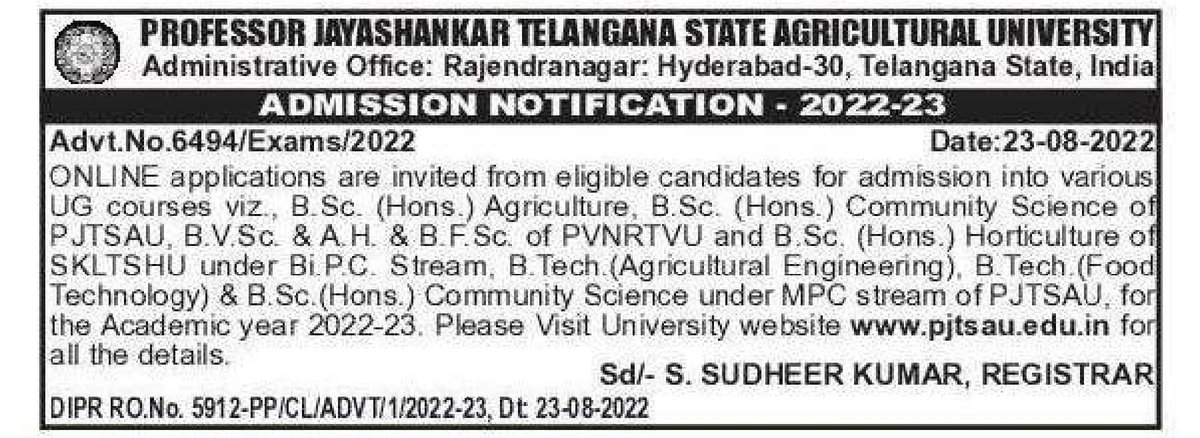 TUTAKNR's tweet photo. #Telangana
#PJTSAU
#PVNRTVU
#SKLTSHU
#AdmissionNotification
2022-2023
#BScAgriculture
#BScCommunityScience
#BVSc_AH
#BFSc
#BScHorticulture
#BTechAgriculture
#BTechFoodTechnology
#BScCommunityScience https://t.co/ggUsMD3W4m