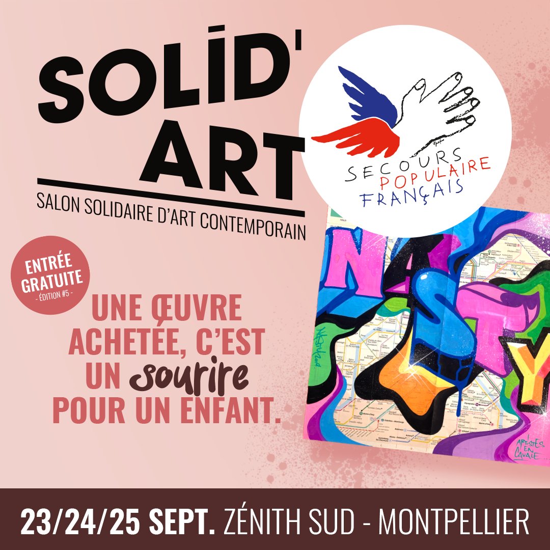 Du 23 au 25 septembre, <a href="/_Solid_Art/">Solid'Art</a> revient à Montpellier 🖼✨
Une œuvre d'art achetée = un enfant qui part en vacances 👧🧒 ☀️
Infos 👉 bit.ly/3KNVctE