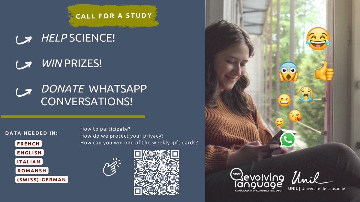 Donate #WhatsApp conversations and help #science!  <a href="/ArisXanthos/">Aris Xanthos</a> and his team <a href="/unil/">Université de Lausanne</a> <a href="/NCCR_Language/">NCCR Evolving Language</a> are researching the way in which the 🇨🇭population share #emotions via instant #messaging. To do so, they need convs. in the 4 Swiss languages and in English! whatsnew-switzerland.ch/en