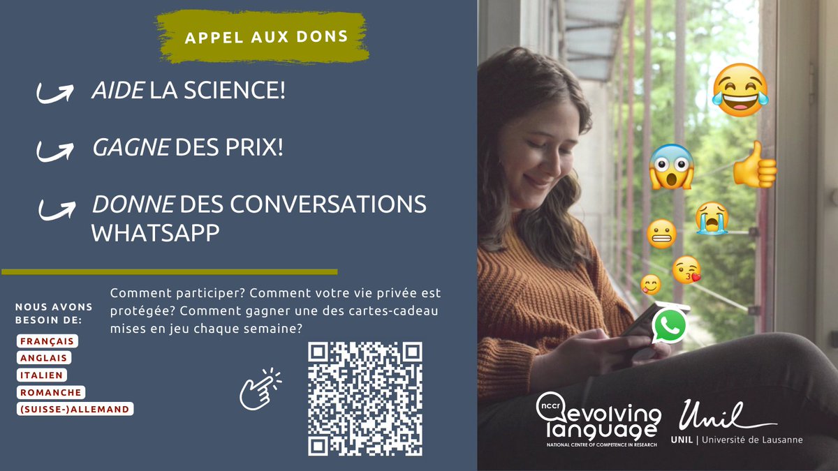 Donne des conversations WhatsApp et aide la #science! <a href="/ArisXanthos/">Aris Xanthos</a> et son équipe <a href="/unil/">Université de Lausanne</a> <a href="/NCCR_Language/">NCCR Evolving Language</a> étudient comment la population 🇨🇭 partage ses émotions par 📲💬. Et pour ce faire, ils ont besoin de conv. dans les 4 langues nationales et en anglais! whatsnew-switzerland.ch
