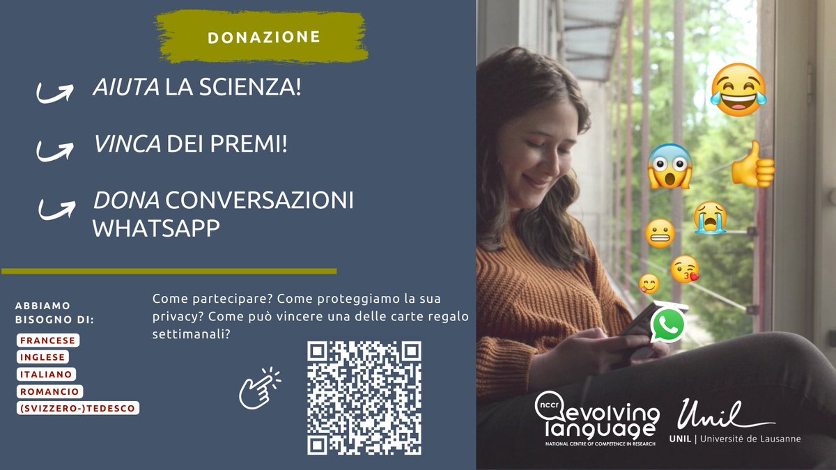 Dona conversazioni su WhatsApp e aiuta la #scienza!  <a href="/ArisXanthos/">Aris Xanthos</a> e il suo team <a href="/unil/">Université de Lausanne</a> <a href="/NCCR_Language/">NCCR Evolving Language</a> stanno studiando como la pop.🇨🇭 condivide le sue #emozioni tramite📲💬. Per fare ciò, hanno bisogno di messaggi nelle 4 lingue nazionali e in inglese! whatsnew-switzerland.ch/it
