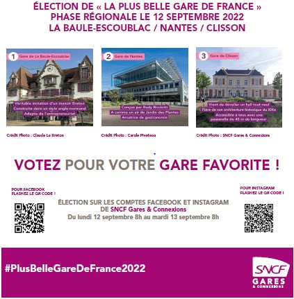 🚨 Jour de vote! Choisirez-vous #Clisson, gare du <a href="/hellfestopenair/">Hellfest Open Air Festival</a>, #LaBaule, camp de base des <a href="/lospumas/">Los Pumas</a> pour la #RWC2023 ou Nantes gare du <a href="/voyageanantes/">Ivan</a> et des <a href="/fjdenantes/">La Folle Journée de Nantes</a> ? RV aujourd’hui sur #Facebook et #instagram