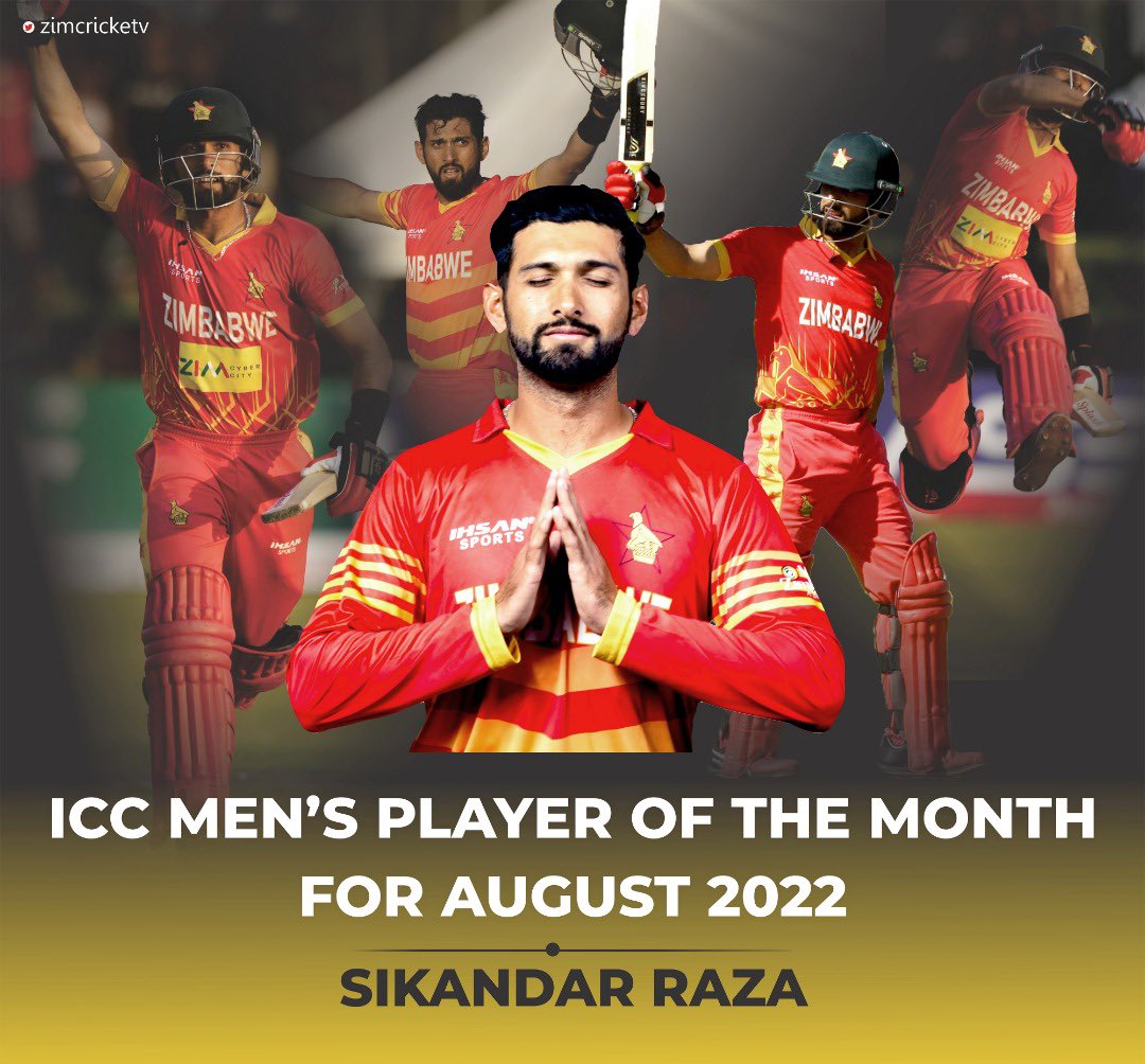ZimCricketv's tweet photo. Congratulations to our star all-rounder Sikandar Raza who has been crowned the ICC Men’s Player of the Month for August 2022, becoming the first Zimbabwean to win the prestigious accolade. Well deserved!

#SikandarRaza | #ICCPlayerOfTheMonth https://t.co/UfsMWk7usb