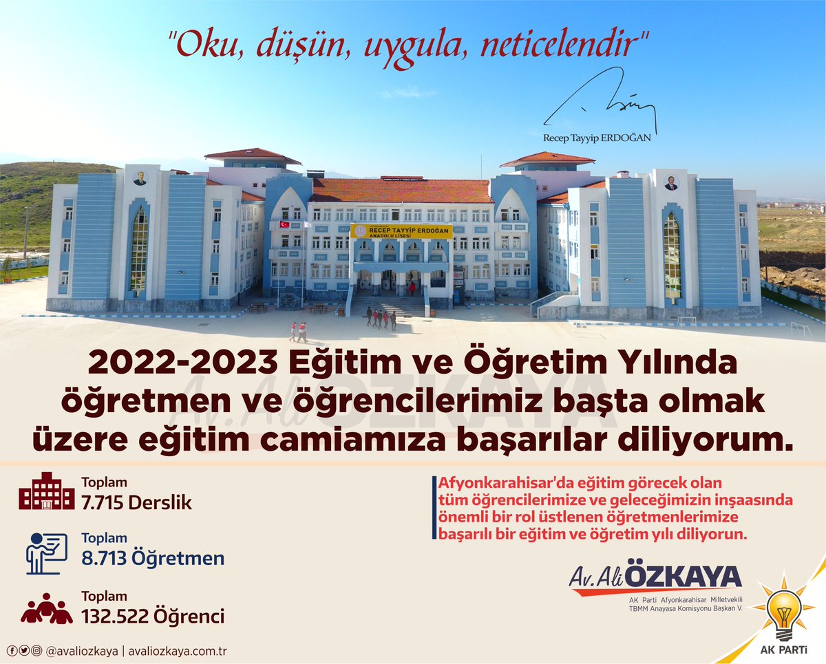 'Oku, düşün, uygula, neticelendir'

2022-2023 Eğitim ve Öğretim yılında tüm öğrencilerimize, öğretmenlerimize ve eğitim camiamıza başarılar diliyorum.

#EğitimÖğretimYılı