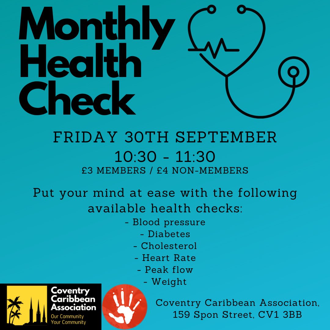 Join us for September’s Monthly Health Check! The date has changed from the 23rd to the 30th, but still has all the necessary checks available. 

Friday 30th September, 10:30AM - 11:30AM
£3 for members / £4 for non members

We look forward to welcoming you!